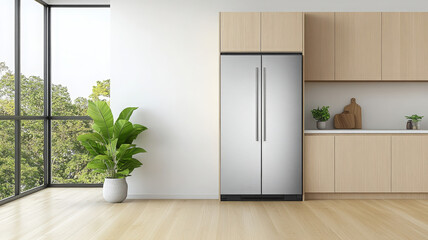 Modern stainless steel refrigerator in bright minimalist kitchen interior with wood cabinet