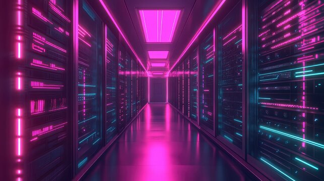 Server room with glowing neon lights creating a futuristic data center
