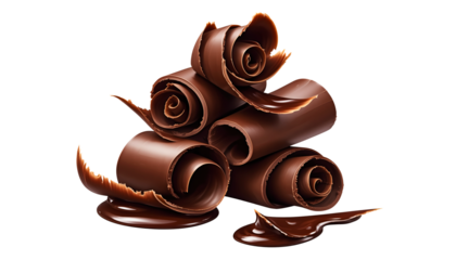 Several smooth, curled pieces of milk chocolate shavings arranged in a pile.