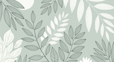 Fototapeta premium Minimalist botanical pattern with hand-drawn leaves and branches on a sage green background
