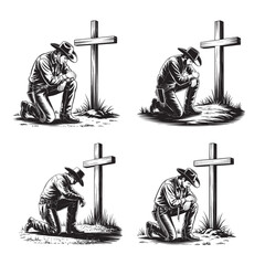 Cowboy kneeling in prayer beside a wooden cross on grassy ground praying