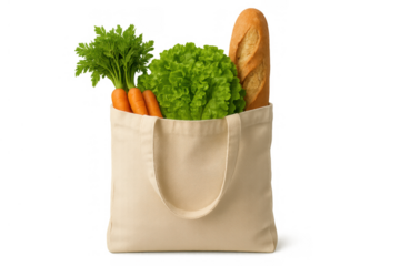 Reusable canvas tote bag carrying fresh groceries, promoting eco-friendly shopping and healthy eating