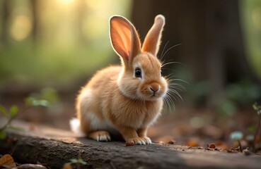 Fototapeta premium Small orange bunny sits on log in forest sunlight. Cute furry animal with big ears looking forward. Little rabbit in natural green habitat with blurred background.
