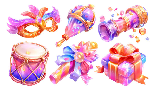 Festive Celebration Icons with Isolated Colorful Items on Transparent Background
