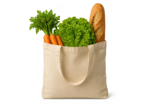 Reusable canvas tote bag carrying fresh groceries, promoting eco-friendly shopping and healthy eating