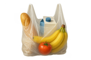 Groceries in a transparent plastic bag containing fresh food products from a supermarket shopping outing