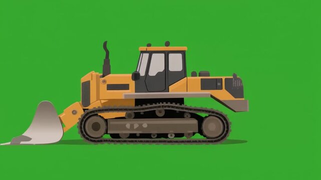 Yellow bulldozer with front loader on green screen background