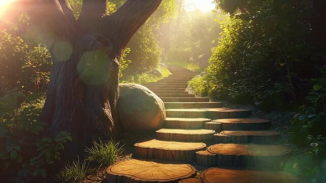 A sunlit forest path ascending, with unique log steps leading to a brighter upper area