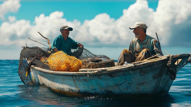 Fishermen enjoy their day out at sea, exchanging laughs and tales as they pull in their nets. Bright blue skies frame their hardworking yet cheerful atmosphere.