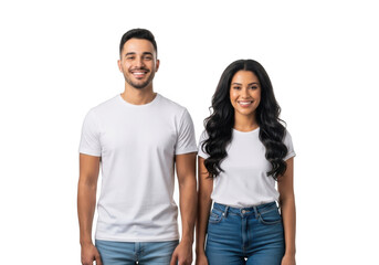 Fototapeta premium A smiling man and woman stand side by side wearing white t shirts and blue jeans isolated on transparent background