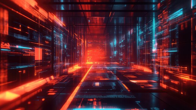 Data tunnel visualizing digital information flow inside a server