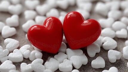 Obraz premium Two Red Hearts on White Heart Shaped Candy for Valentine's Day