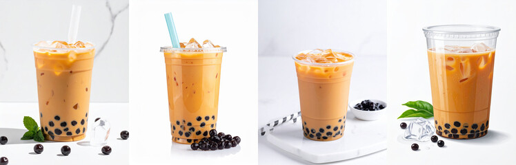 Iced hot drink beverage caffeine drink refreshment in plastic cup with ice milk tea and tapioca pearls creating creamy refreshing iced hot drink beverage caffeine drink refreshment mood