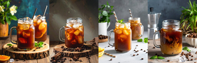 Iced coffee drink with ice and citrus garnish served in mason jar glass refreshing cold beverage with caffeine and cool refreshment on rustic table in natural light