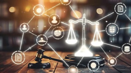 Digital network connecting legal symbols like a glowing scale of justice and a gavel on a wooden table, representing law and technology.