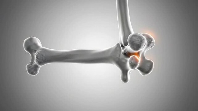 Close up medical animation of the human elbow joint showing bone structure and inflammation with orange glowing markers on a clean neutral background