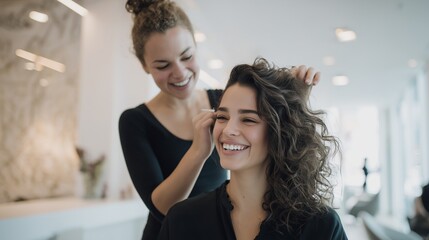 A beautifull woman is getting her hair cut by professional stylist hairdresser , smiling and laughing in the beauty salon.
