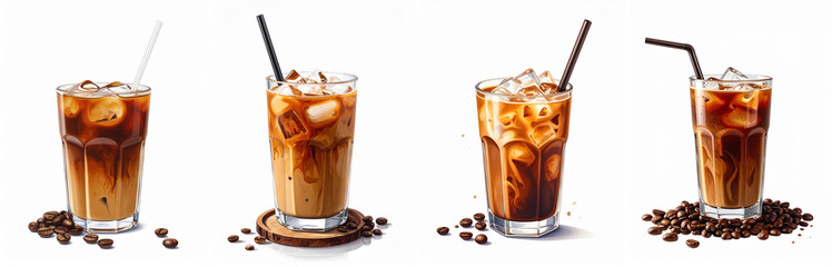 Iced hot drink beverage caffeine drink refreshment iced coffee glass with ice and swirling milk creating refreshing caffeinated iced drink delight