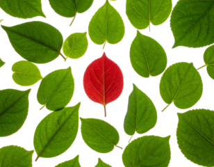 Close-up of green leaves with a singular red leaf at the center on a black background
