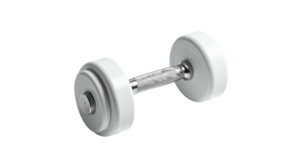 White dumbbell, weights centered, metallic grip on black ground