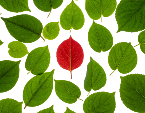 Close-up of green leaves with a singular red leaf at the center on a black background