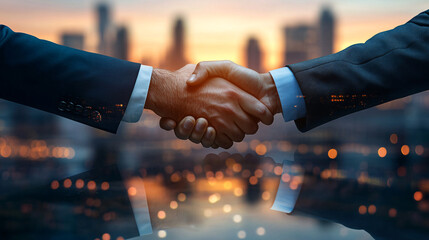 Strategic partnership handshake against city skyline at sunset symbolizes business success, agreement and global dealmaking in professional setting