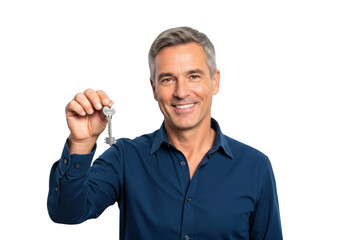 Smiling middle aged man holding up a single silver key to the camera with a confident expression isolated on transparent background