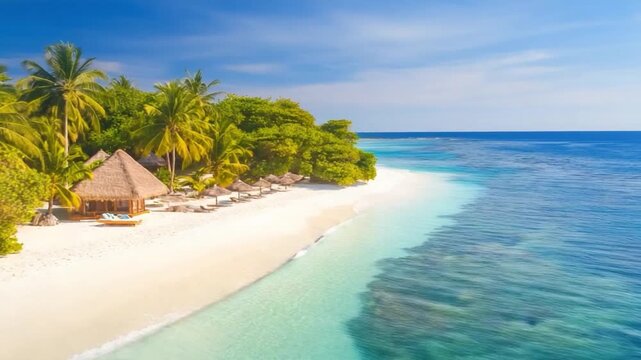 Coastal Paradise: An idyllic coastal scene unveils a pristine beach, embraced by the gentle caress of turquoise waters, complemented by swaying palm trees and inviting tropical architecture.