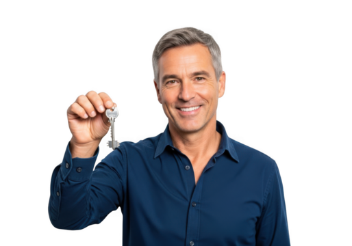 Smiling middle aged man holding up a single silver key to the camera with a confident expression isolated on transparent background
