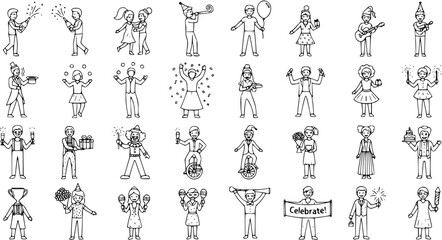 Diverse People Celebrating and Partying Line Art Icon Set. Hand-drawn illustrations of festive characters for holidays, birthdays, events, music, magic, and fun activities.
