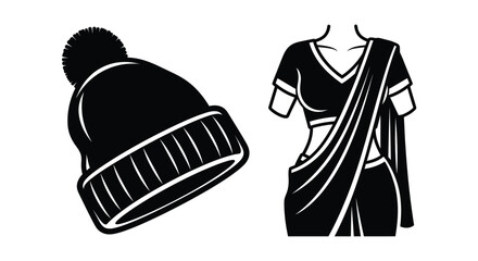 Black and white vector illustration of winter hat and saree fashion