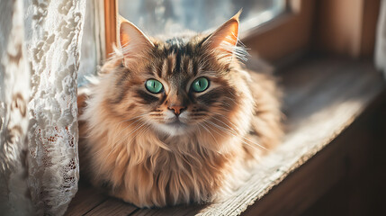 A close-up portrait of a fluffy cat with emerald green eyes sitting on a wooden windowsill