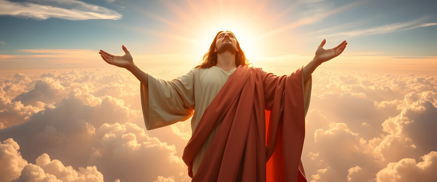 The resurrected Jesus Christ ascending to heaven above the bright light sky and clouds and God, Heaven and Second Coming concept.
