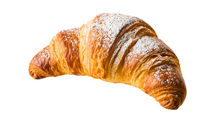Freshly baked croissant isolated on white background. French pastry croissant closeup photo. Buttered bread croissant on white background. Fresh croissant bread isolated.