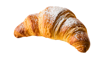 Freshly baked croissant isolated on white background. French pastry croissant closeup photo. Buttered bread croissant on white background. Fresh croissant bread isolated.