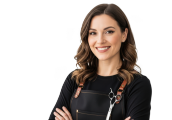 Smiling professional hairdresser with scissors and apron ready for styling haircuts and beauty services isolated on transparent background