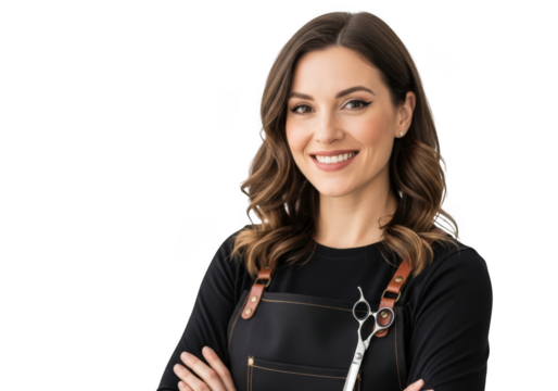 Smiling professional hairdresser with scissors and apron ready for styling haircuts and beauty services isolated on transparent background - Powered by Adobe