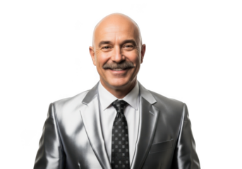 A smiling bald man with a prominent mustache wearing a shiny silver suit and tie isolated on transparent background