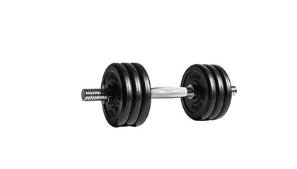 Dumbbell with weights, on a black backdrop in horizontal view