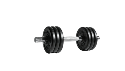 Dumbbell with weights, on a black backdrop in horizontal view