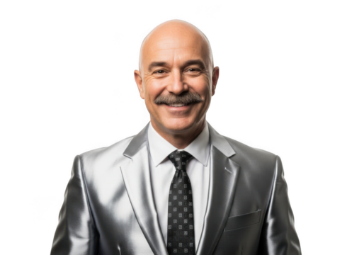 A smiling bald man with a prominent mustache wearing a shiny silver suit and tie isolated on transparent background