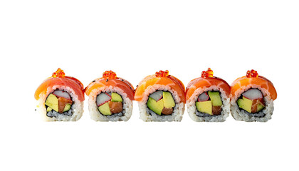 Row of five California rolls, topped with fish