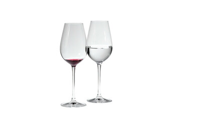 Two wine glasses, one red, one white, against black background