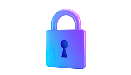 Glossy, gradient blue and pink padlock against a black background