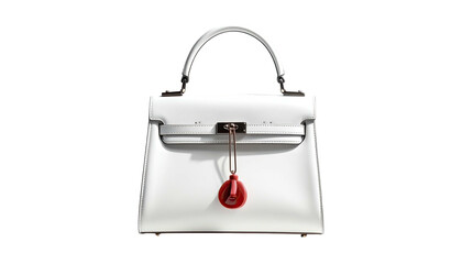 Clean white handbag, symmetrical, with red pendant on black background