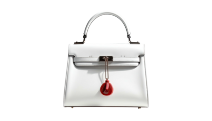 Clean white handbag, symmetrical, with red pendant on black background