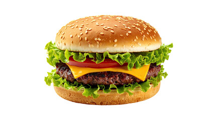 Cheeseburger featuring lettuce, tomato, and sesame seed bun