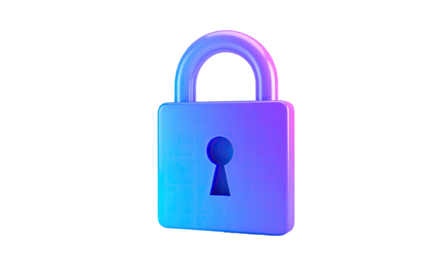Glossy, gradient blue and pink padlock against a black background