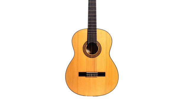 Acoustic guitar with a light wooden top isolated on black