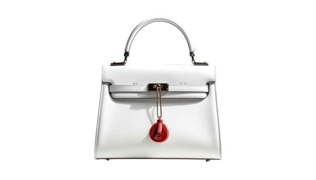 Clean white handbag, symmetrical, with red pendant on black background